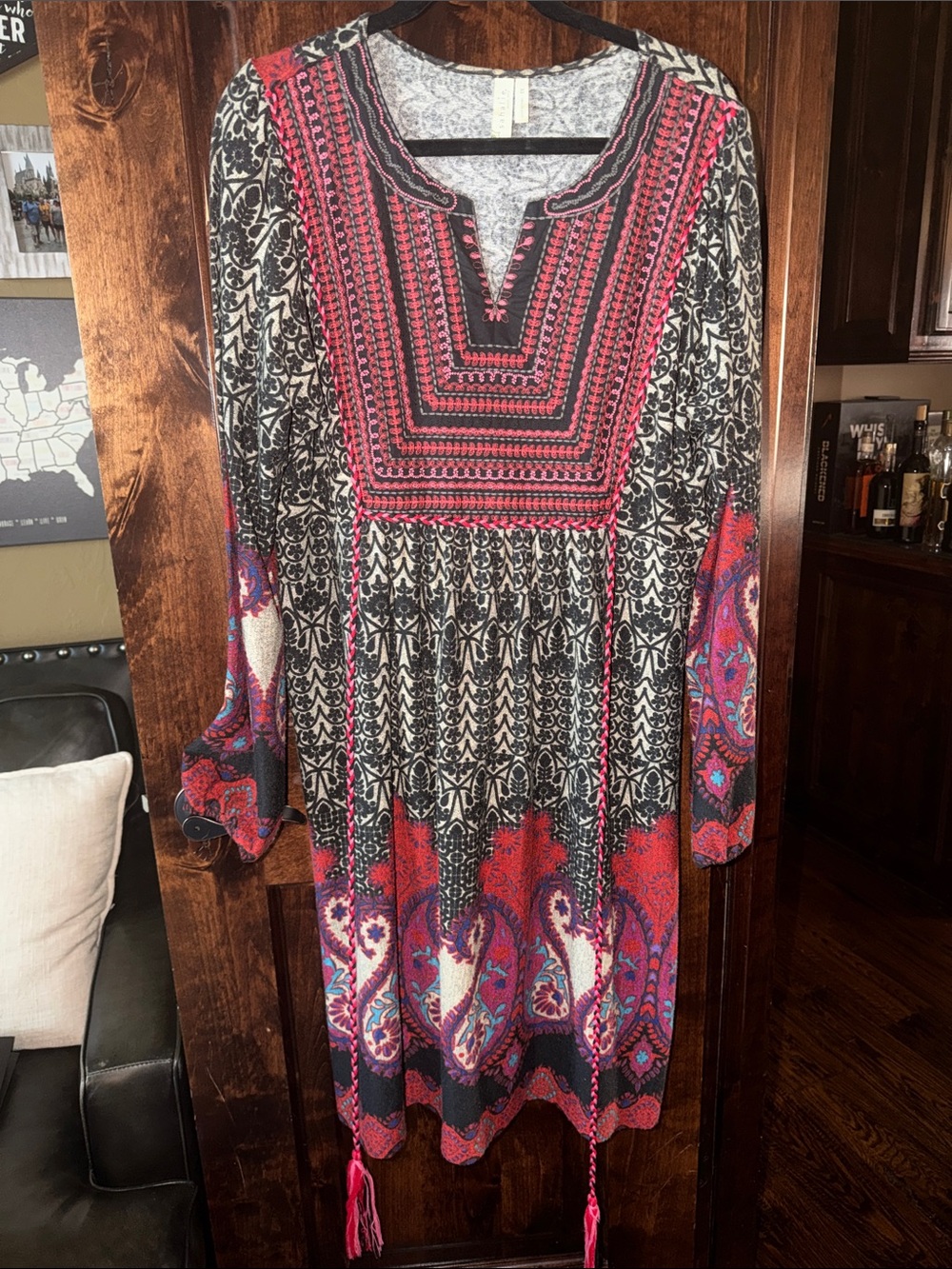 sahalie Black & Pink Boho Embroidered Midi Dress